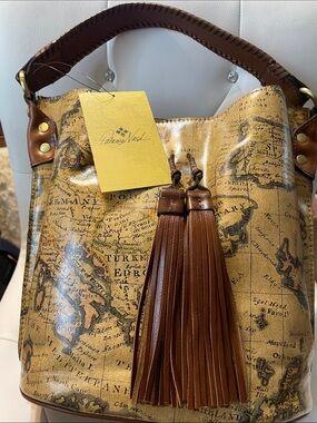 Patricia Nash Tan & Brown Vintage Map Bucket Bag with Tassels